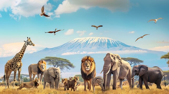 Group of many African animals giraffe lion elephant monkey and others stand together in with Kilimanjaro mountain on background : Generative AI