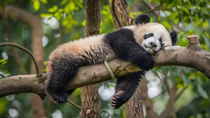 Panda Bear Sleeping on a Tree Branch China Wildlife Bifengxia nature reserve Sichuan Province Cute...