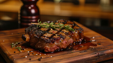 Grilled steak with melted barbeque sauce on a black and blurry background.