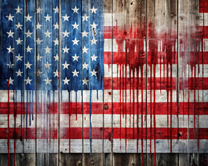 A contemporary artistic interpretation of the US flag on a backdrop of textured wood, with dynamic paint drips adding movement to the composition.