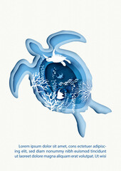 Card and poster scene of under the sea and ocean in a sea turtle shape with layers paper cut style and vector design with white sea turtle and sea animal example texts on navy blue background. © Atiwat