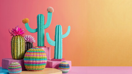 A colorful scene with three cacti on stands, one with a flower, and two others with multicolored...