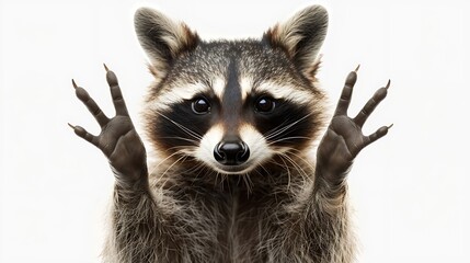 Funny raccoon showing a sign peace isolated on white background : Generative AI