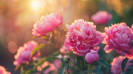 Fototapeta premium Pink peonies shining in the summer garden