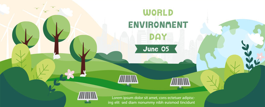 Illustration poster campaign of world environment with nature landscape with ecosystem and green city in flat style and vector design.