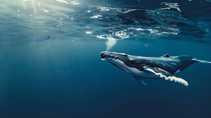 Naklejka premium A Baby Humpback Whale Plays Near the Surface in Blue Water : Generative AI