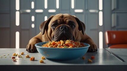 Cute bulldog pug puppy dog sitting in front of bowl full of food. Beautiful pup portrait animal photography illustration wallpaper with soft blur bokeh effect. Canis familiaris..	 - Powered by Adobe