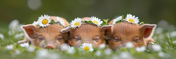 Adorable piglets sleeping on a lovely flower meadow - perfect for a banner or postcard