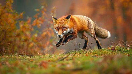Red Fox jump hunting Vulpes vulpes wildlife scene from Europe Orange fur coat animal in the nature habitat Fox on the green forest meadow Funny image from nature : Generative AI - Powered by Adobe
