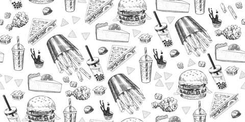 Seamless pattern with fast food. Sketch style french fries, cheesecake, bubble tea, burger, sandwich, chips, chicken nuggets, dipping sauce. Black and white hand drawn background with street food