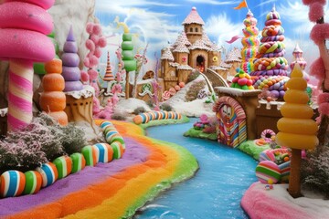 Fototapeta premium A whimsical and colorful candy village with houses made of confectionery delights and a river flowing with liquid sweetness. Resplendent.