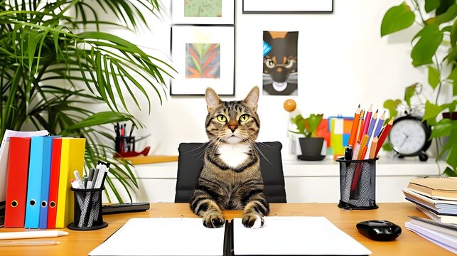 Productive and Purr fect Workspace with Feline Companion description This image depicts a cozy and well appointed office workspace complete with a