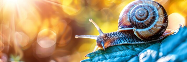 Macro snail sitting on leaf, blurred sunny day background with copy space for text, nature banner