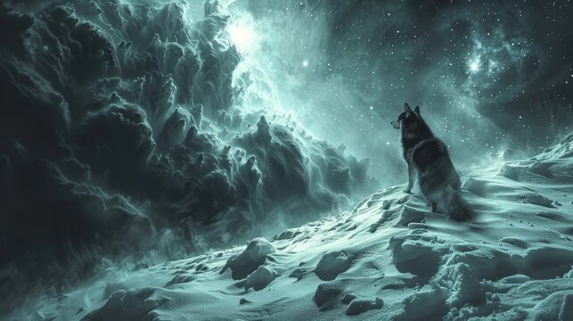 A lone wolf howls at the moon in a snowy forest.