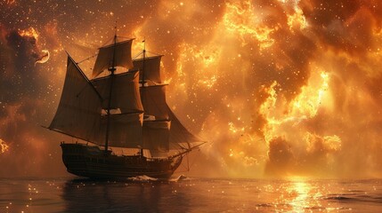 Obraz premium A pirate ship is sailing on a rough sea with a large explosion in the background.