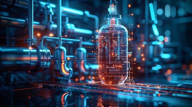 A digital twin of a bioreactor fully integrated with blockchain for performance monitoring, hightech, digital painting