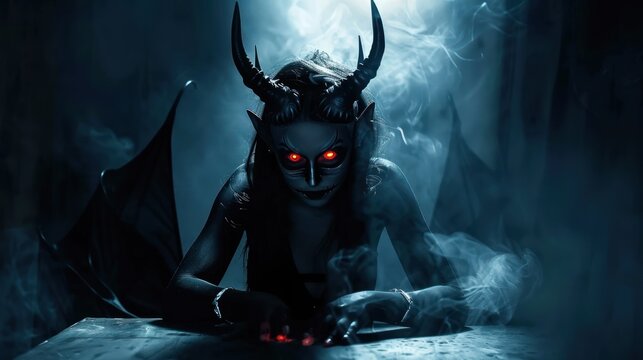 a beautiful female demon with glowing red eyes and horns, the Red Devil Woman