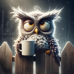 Sleepy Owl on Picket Fence with Coffee Mug