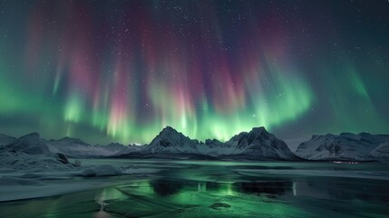 Amazing colorful sky with green, pink and purple lights reflecting on the water.