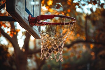 Autumn urban scene with basketball hoop hanging on street in fall season, space for text