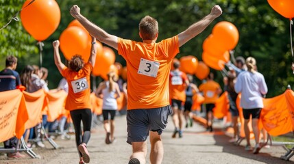 triumphant runner crossing the finish line with arms raised in marathon race victory celebration