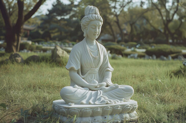 Fototapeta premium A serene statue of a woman sitting in the grass, styled with god rays