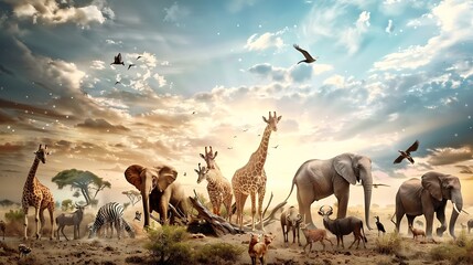 Obraz premium Large group of african safari animals Wildlife conservation concept : Generative AI