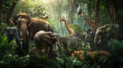 Obraz premium group of wildlife animals in the jungle together : Generative AI