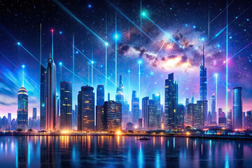 A digital artwork showcasing a futuristic city skyline with glowing neon lights against a starry night sky, blending elements of urban life and technological advancement.