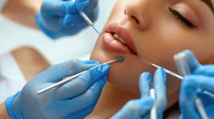 doctor cosmetologist makes Lip augmentation procedure of a beautiful woman in a beauty salon