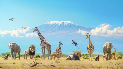 Obraz premium Group of many African animals giraffe lion elephant monkey and others stand together in with Kilimanjaro mountain on background : Generative AI