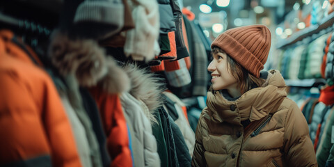 A woman is smiling while looking at a rack of winter coats