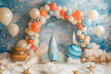 A colorful room with a rocket and planets wallpaper background