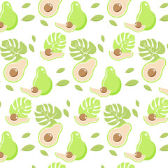 Vector seamless pattern with avocado and tropical leaves