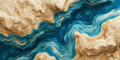 An ocean texture is visualized, styled with abstract organic shapes, surreal 3d landscapes, and vibrant illustrations in blue and beige.