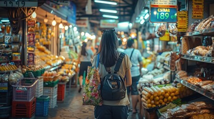 Obraz premium Crowded wet market with a lady in blue shirt and black backpack walking away from the camera.