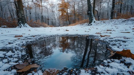 Frozen puddle in the middle of a snowy forest.