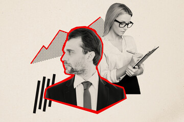 Composite creative sketch photo collage of boss listening report from assistant analyze financial...