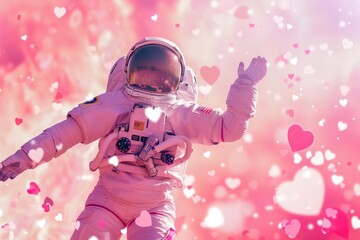 Astronaut in pink spacesuit in the pink love space with heart shaped particles