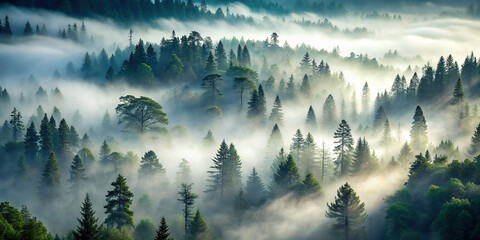 A dense fog enveloping a dense forest, with trees barely visible, creating a mysterious and eerie ambiance.