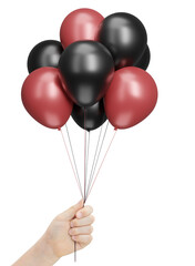Female hand holding bunch of shiny red and black balloons. Isolated on white background