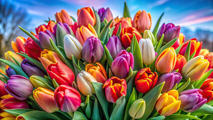 A creative perspective on a bouquet of tulips, emphasizing the transition from vibrant blooms to wilting flowers.