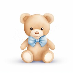 A cute teddy bear with a blue bow tie is sitting on a white background. The bear has brown fur and black eyes. It is smiling and looks happy.