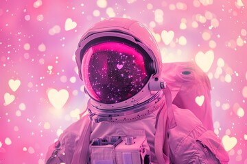 Astronaut in pink spacesuit in the pink love space with heart shaped particles