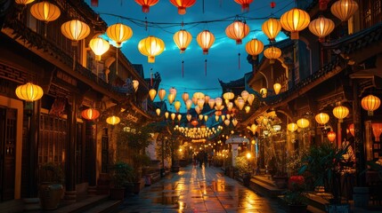The colorful lanterns illuminate the ancient street in the evening.