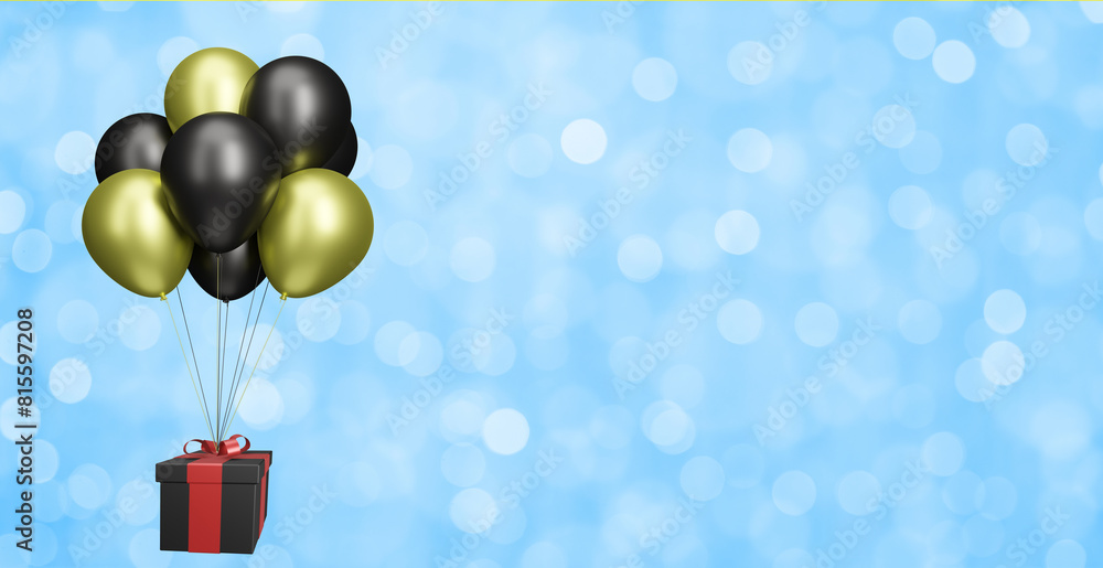 Poster flying black present box with red ribbon bow or gift box with black and golden balloons on blue blur