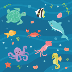 Vector collection of sea creatures in flat style. Sea life. Wednesday. Pisces in cute style. Life of sea inhabitants. 