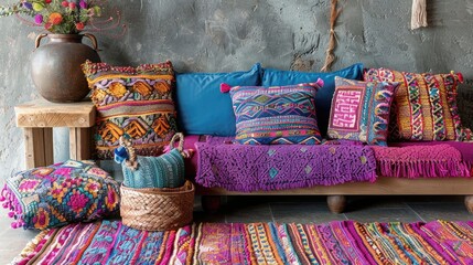 The image is a colorful living room with a blue sofa, a pink rug, and lots of pillows and blankets. The room is decorated in a bohemian style.