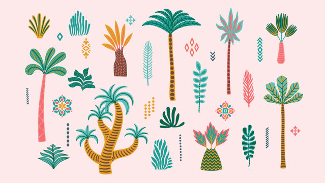 Set of drawn vector palm trees. Ethnic abstract isolated illustrations. Vector design