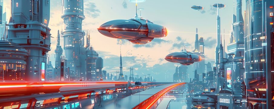 A futuristic metropolis where sleek hovercars glide silently above immaculate streets, while holographic advertisements vie for attention.   illustration.